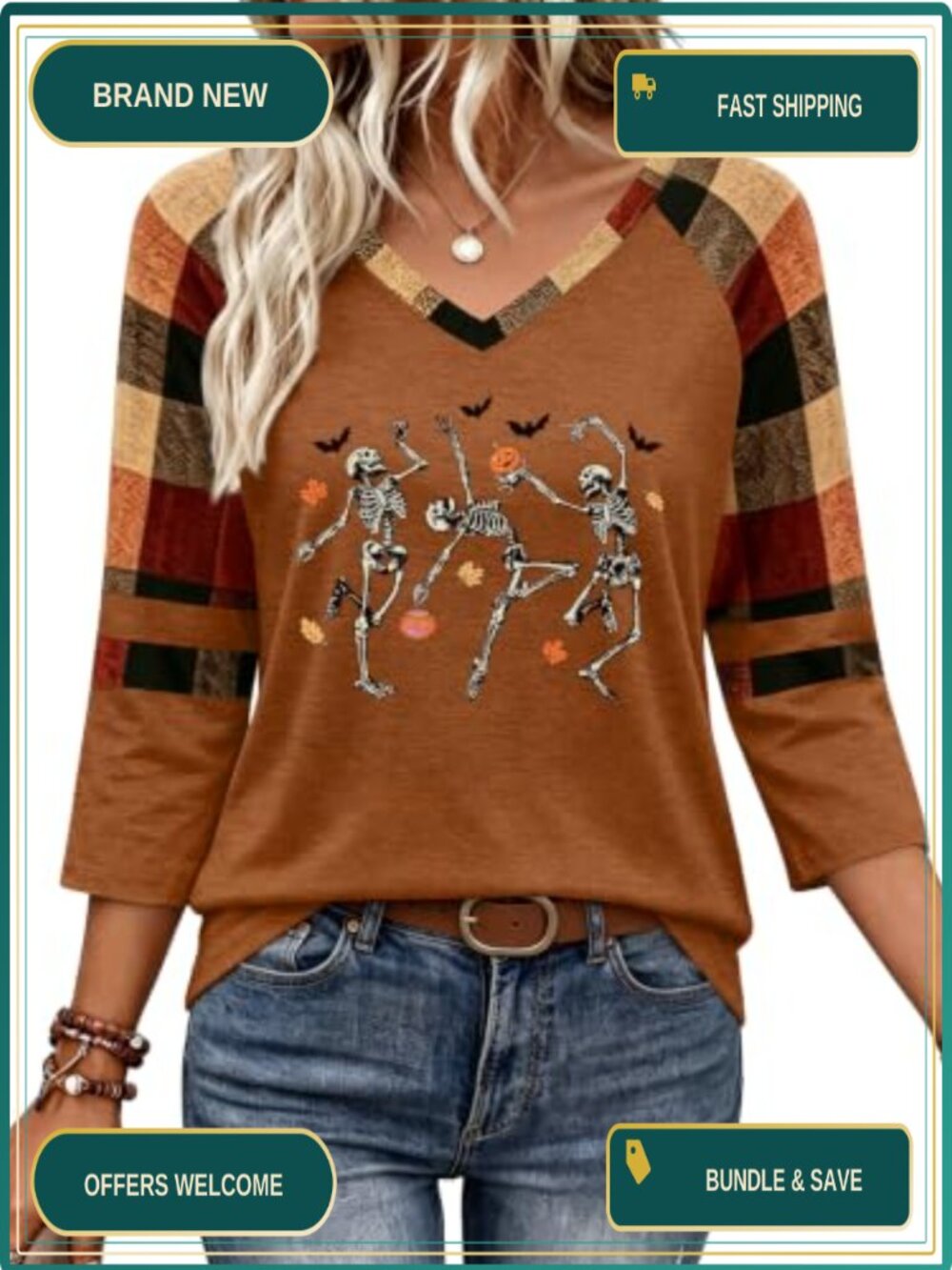 Women Halloween 3/4 Sleeve V Neck Pumpkin Print Fall T-Shirt
